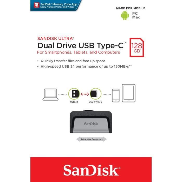 Clé USB 3.1 Type-C à Double Connectique Ultra Sandisk 128 Go