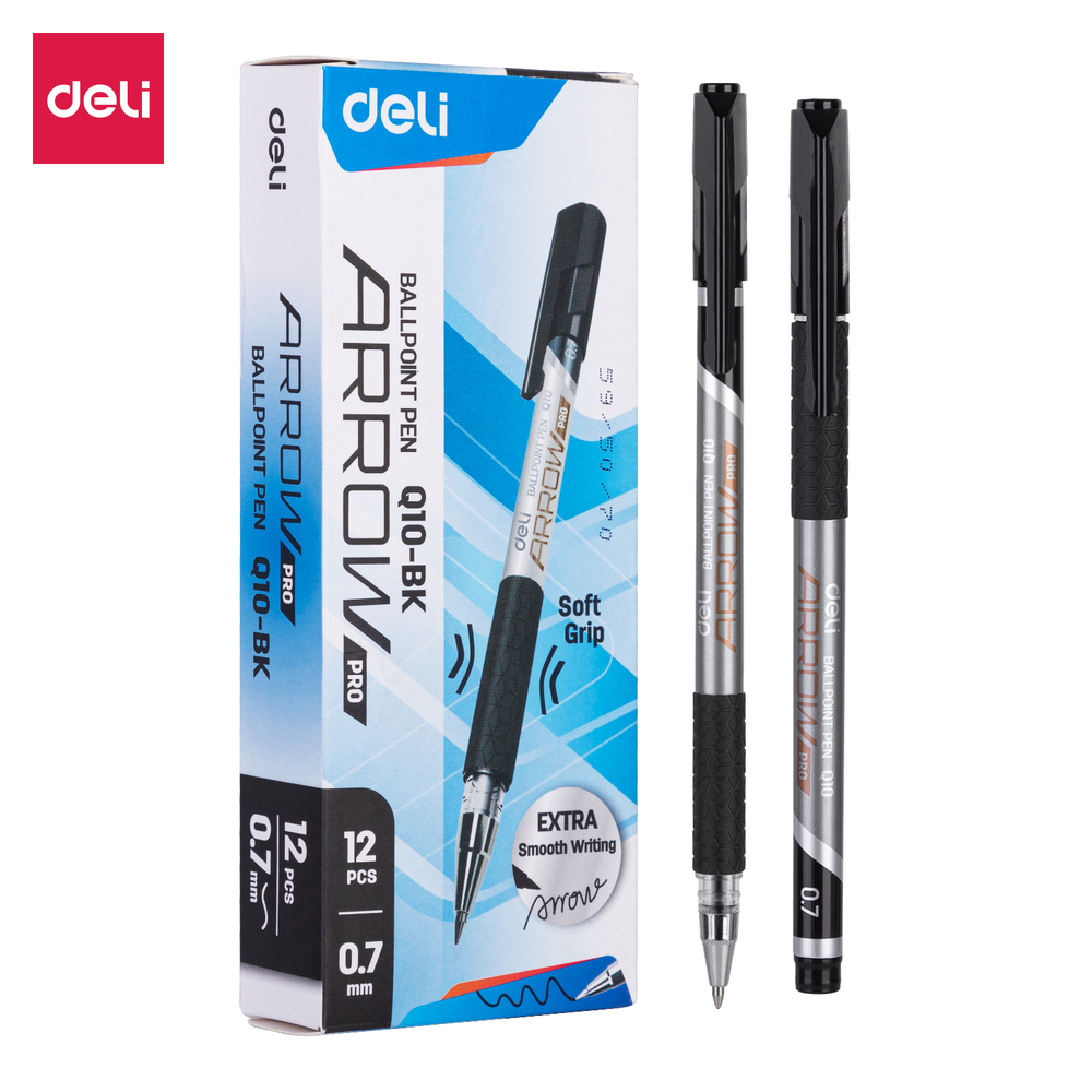 Paquet 12 Stylos A Bille Deli Arrow Q10-BK 0.7mm Noir