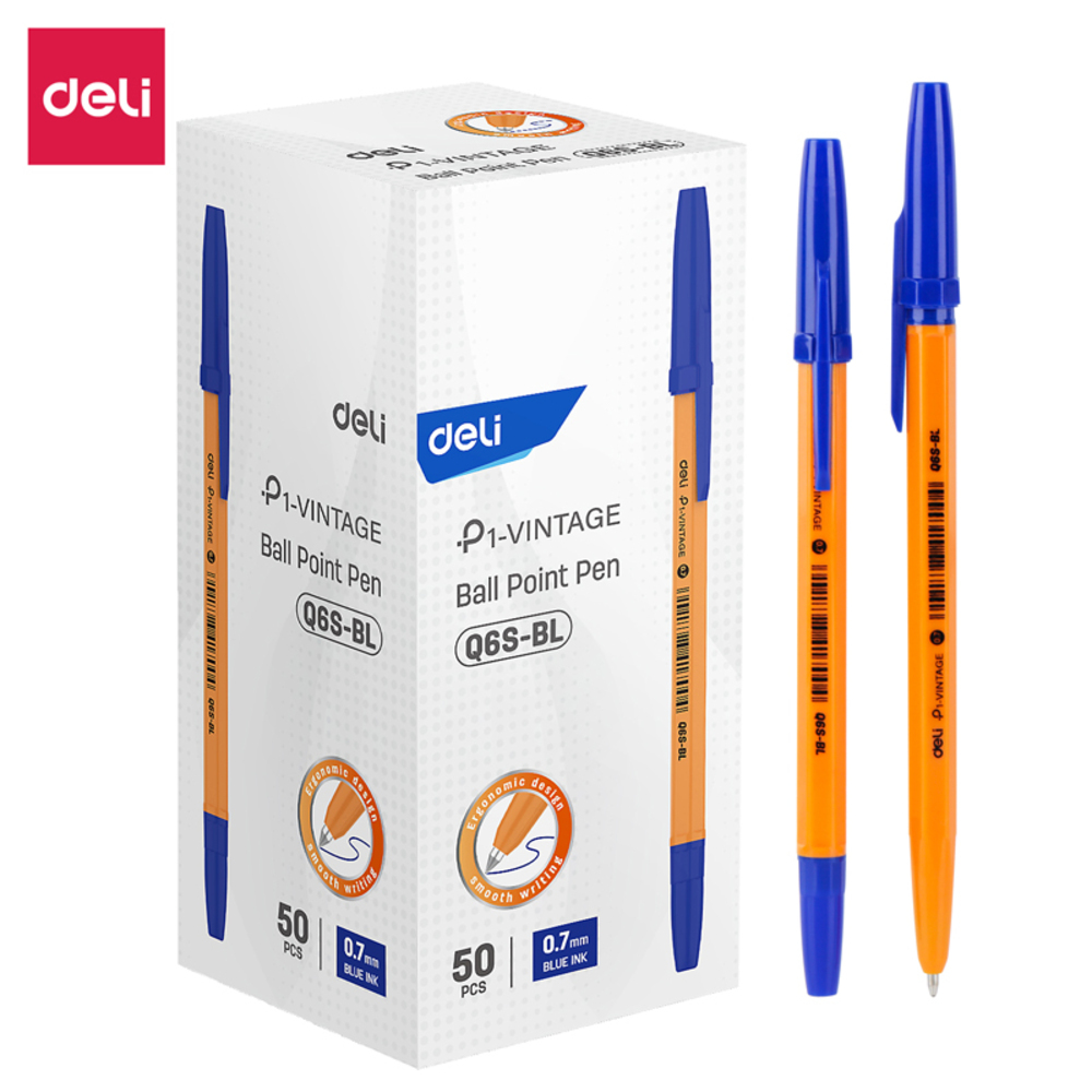 Paquet 50 Stylos A Bille Deli P1-Vintage Q6S-BL 0.7mm Bleu  
